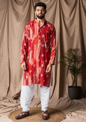 Red Print Modal Silk Kurta For Men