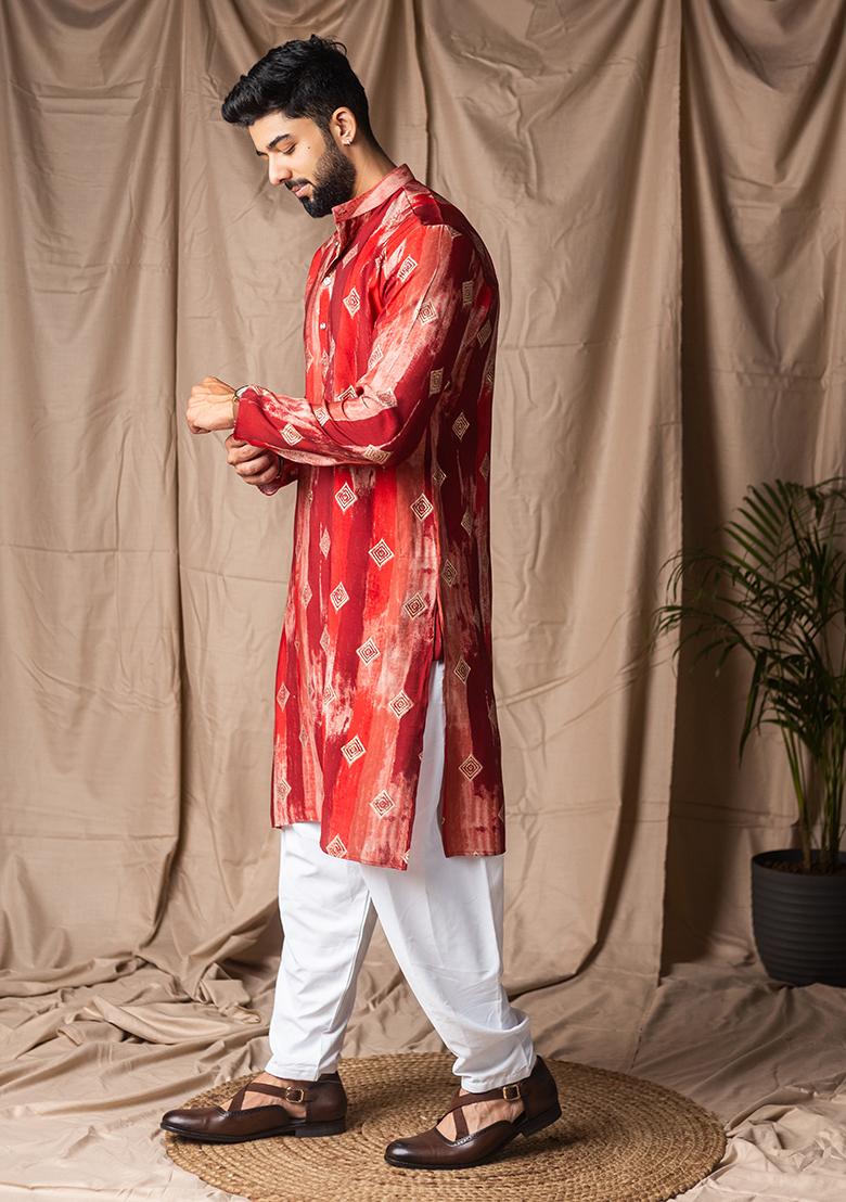 Red Print Modal Silk Kurta For Men - Indya