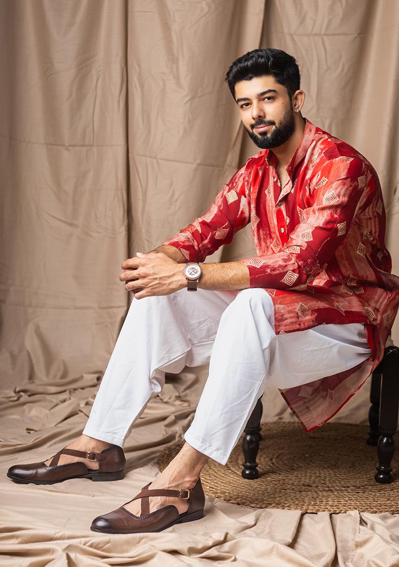 Red Print Modal Silk Kurta For Men - Indya