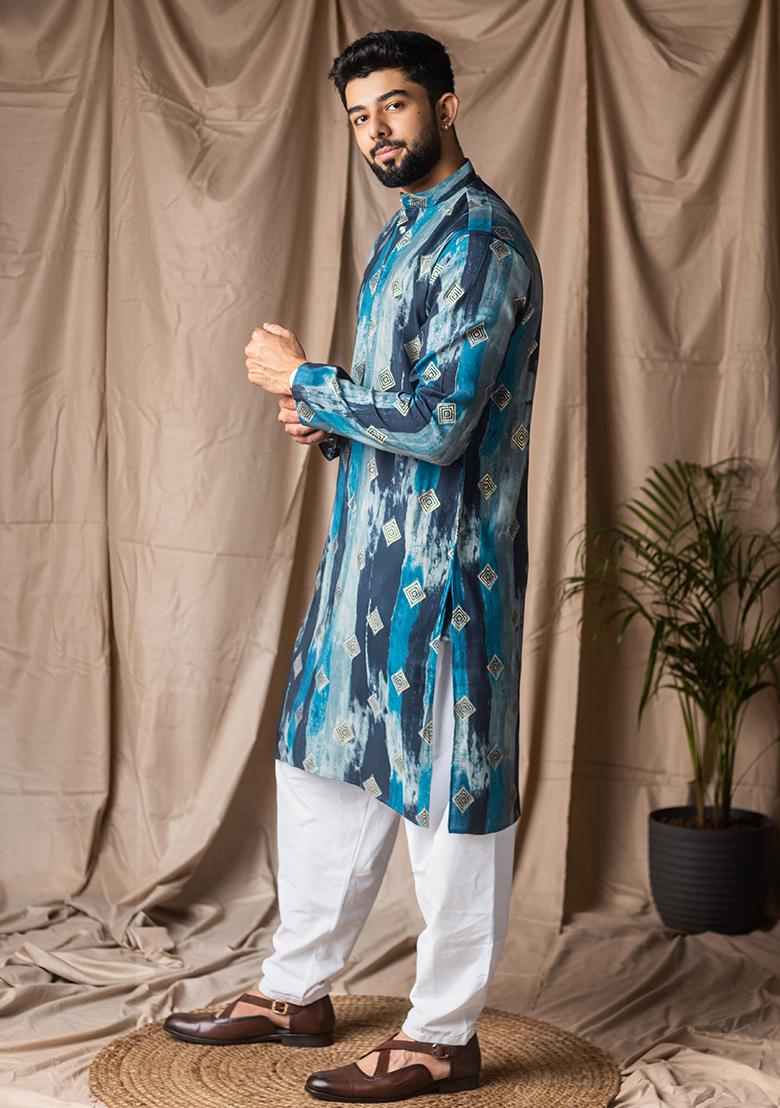 Blue Print Modal Silk Kurta For Men - Indya