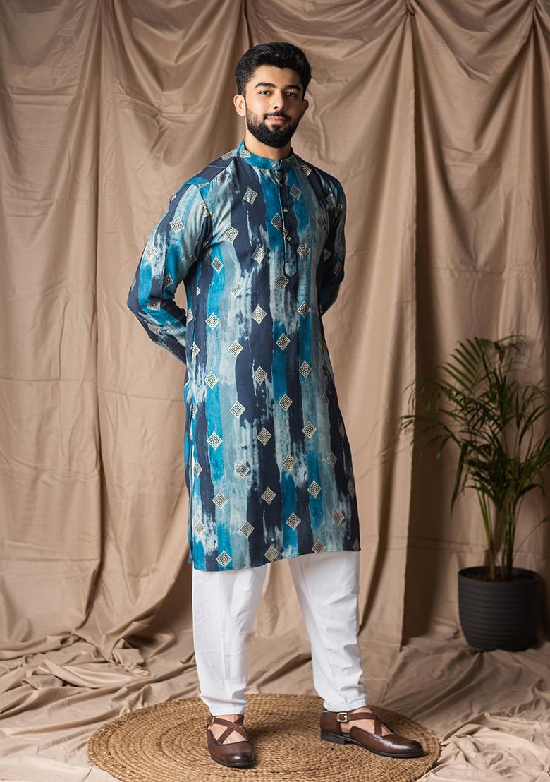 Blue Print Modal Silk Kurta For Men - Indya