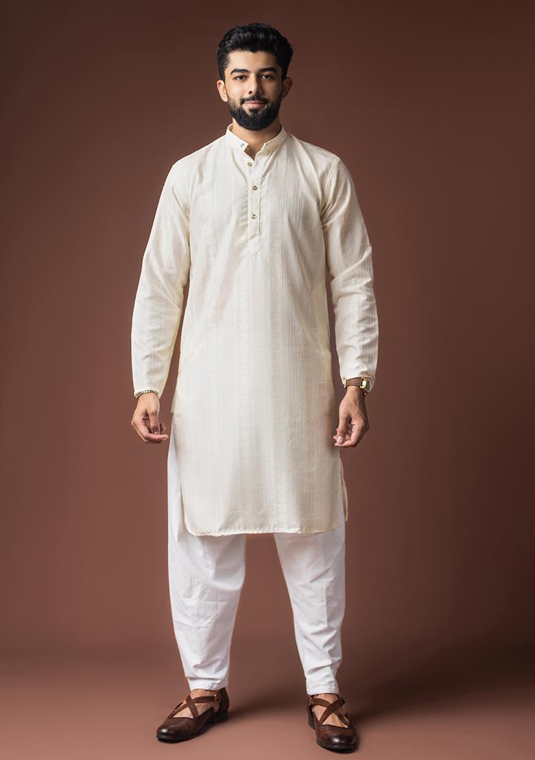 White Weaved Rayon Kurta For Men
