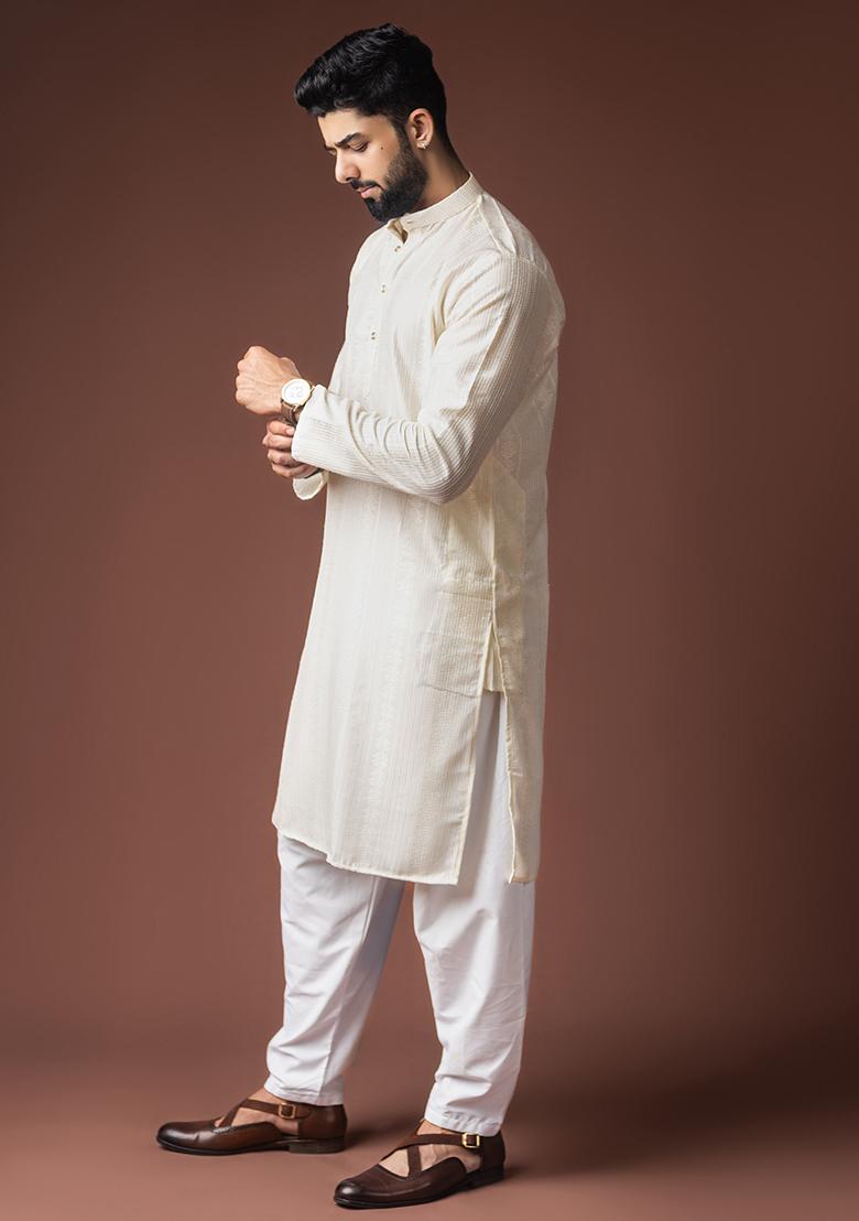 White Weaved Rayon Kurta For Men - Indya