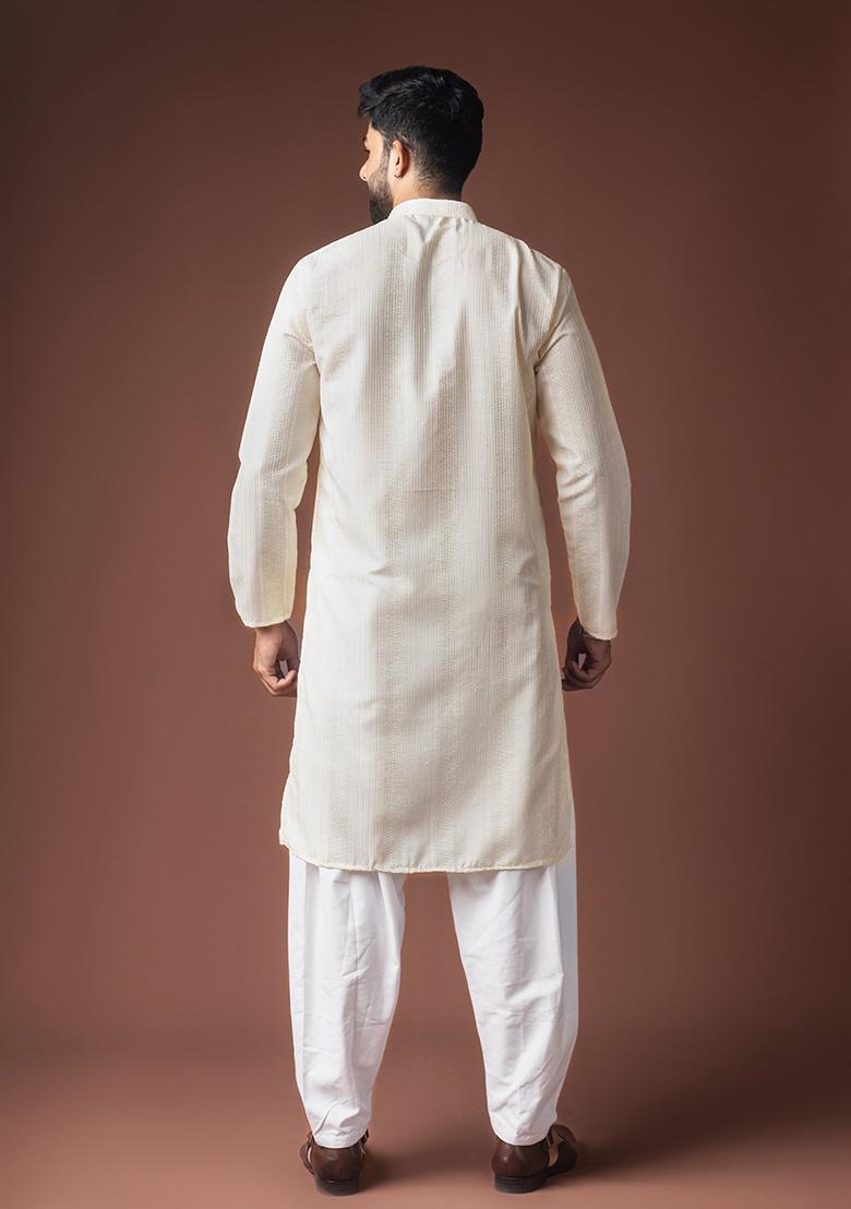 White Weaved Rayon Kurta For Men