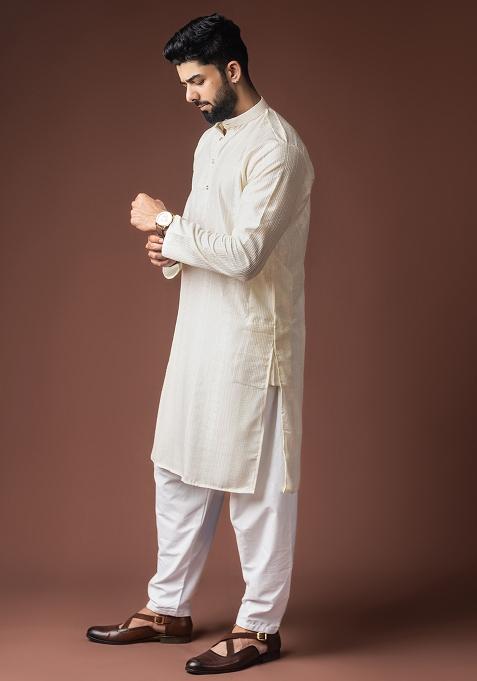 White Weaved Rayon Kurta For Men