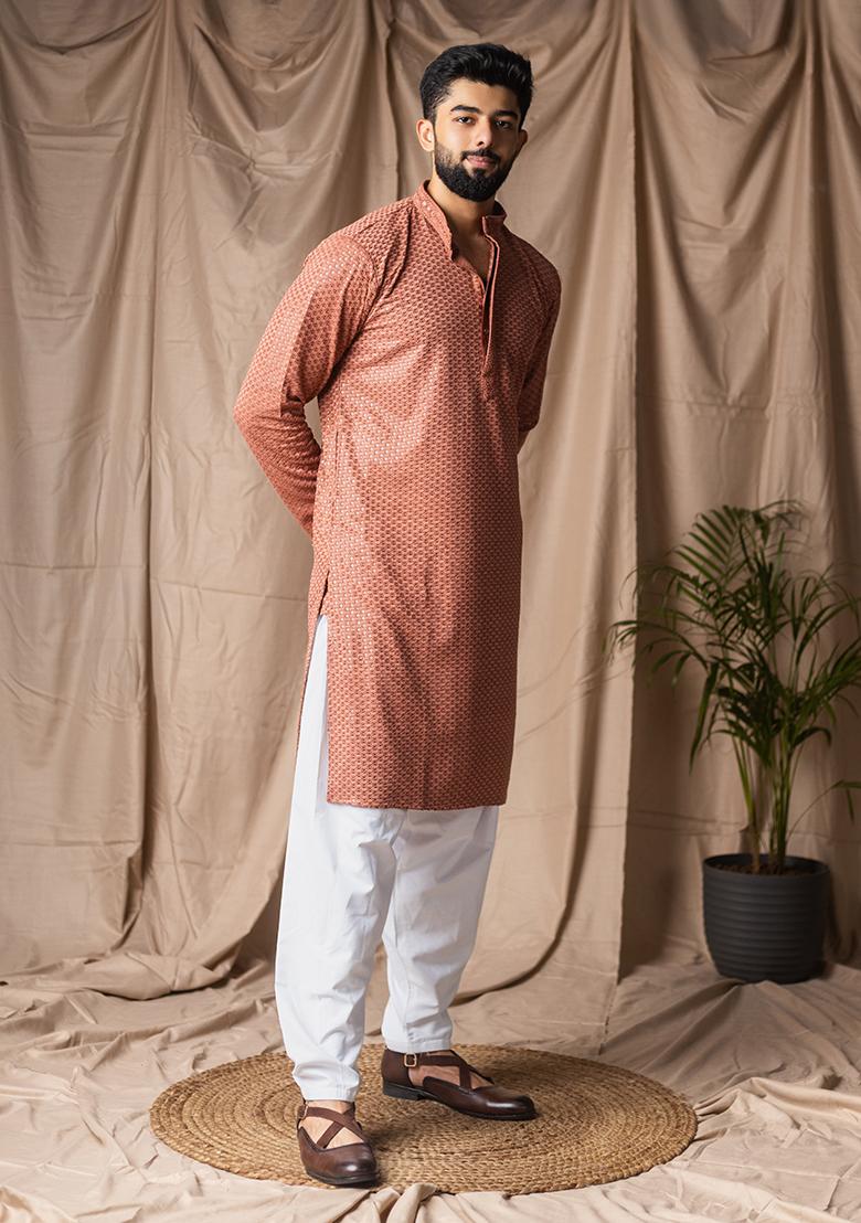 Reddish Orange Weaved Rayon Kurta For Men - Indya