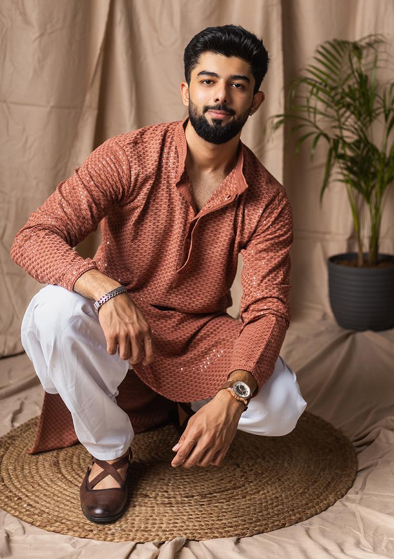 Reddish Orange Weaved Rayon Kurta For Men - Indya