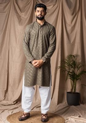 Mehandi Green Weaved Rayon Kurta For Men