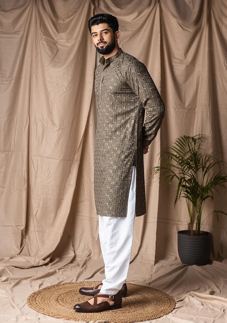 Mehandi Green Weaved Rayon Kurta For Men - Indya