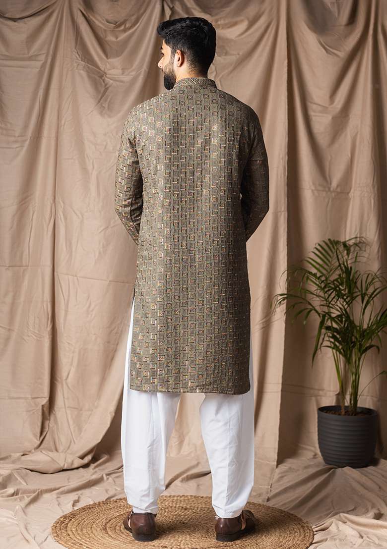 Mehandi Green Weaved Rayon Kurta For Men - Indya