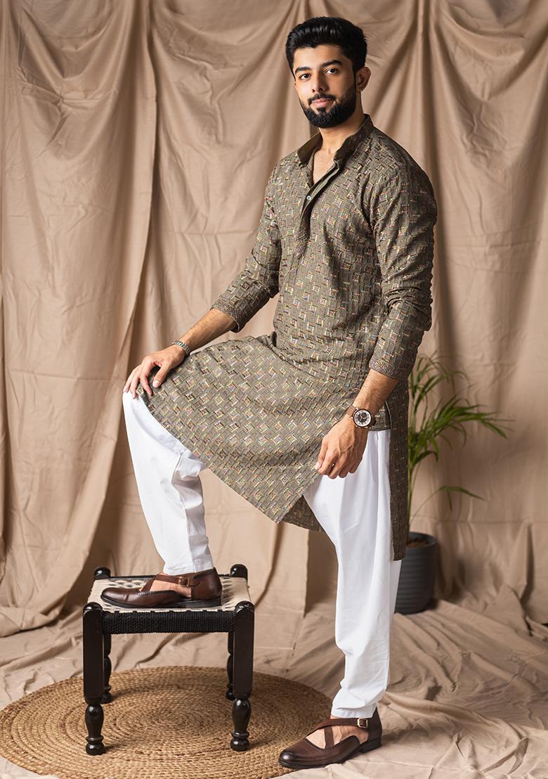 Mehandi Green Weaved Rayon Kurta For Men - Indya