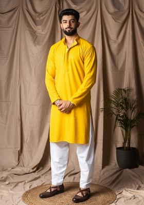 Light Yellow Weaved Rayon Kurta For Men