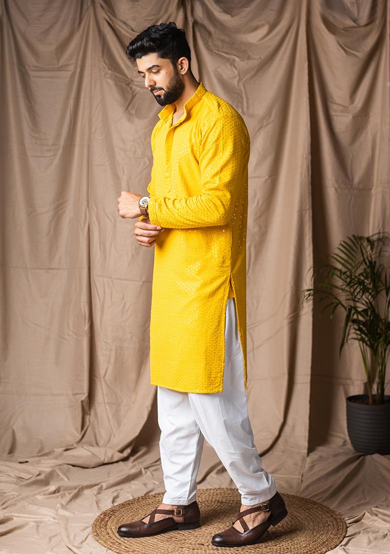Light Yellow Weaved Rayon Kurta For Men - Indya