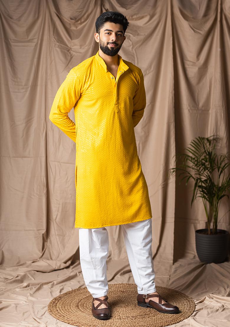 Light Yellow Weaved Rayon Kurta For Men - Indya