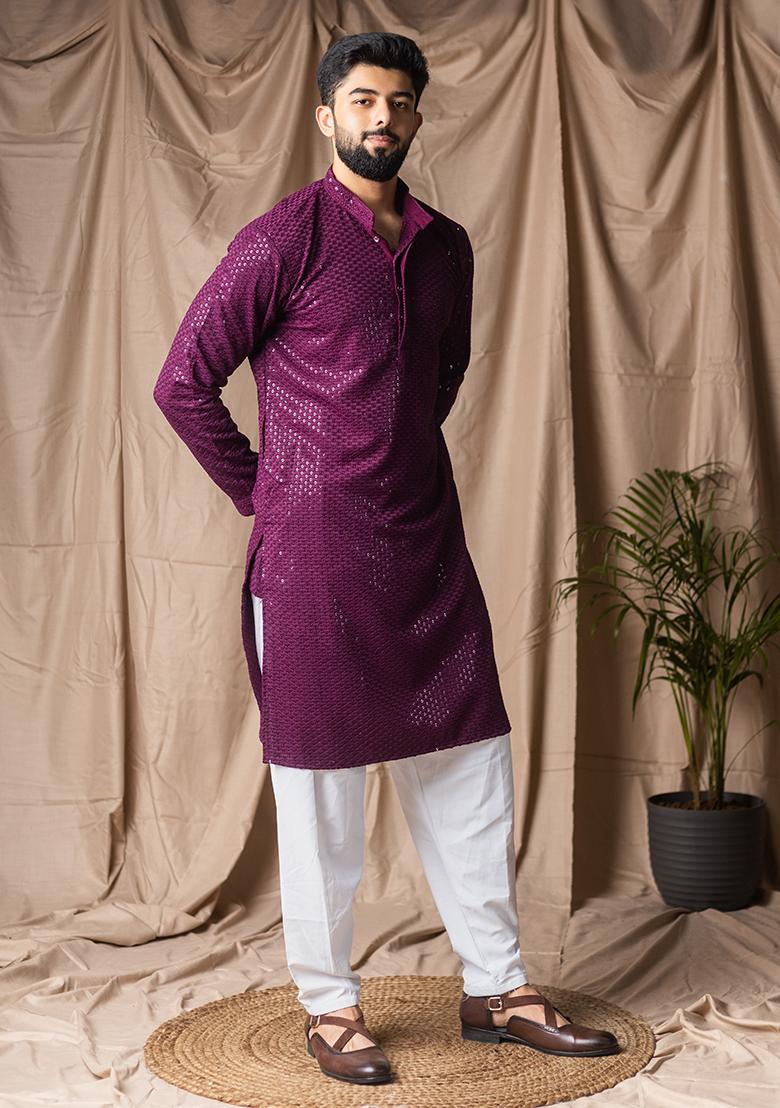 Wine Weaved Rayon Kurta For Men - Indya