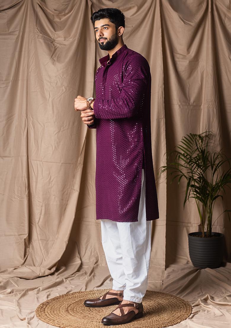 Wine Weaved Rayon Kurta For Men - Indya