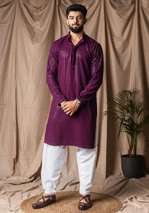 Wine Weaved Rayon Kurta For Men