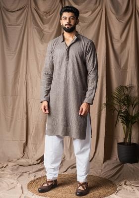 Grey Weaved Rayon Kurta For Men