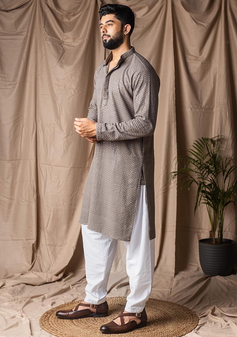 Grey Weaved Rayon Kurta For Men - Indya