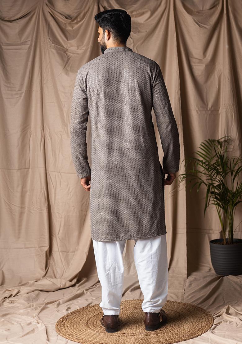 Grey Weaved Rayon Kurta For Men