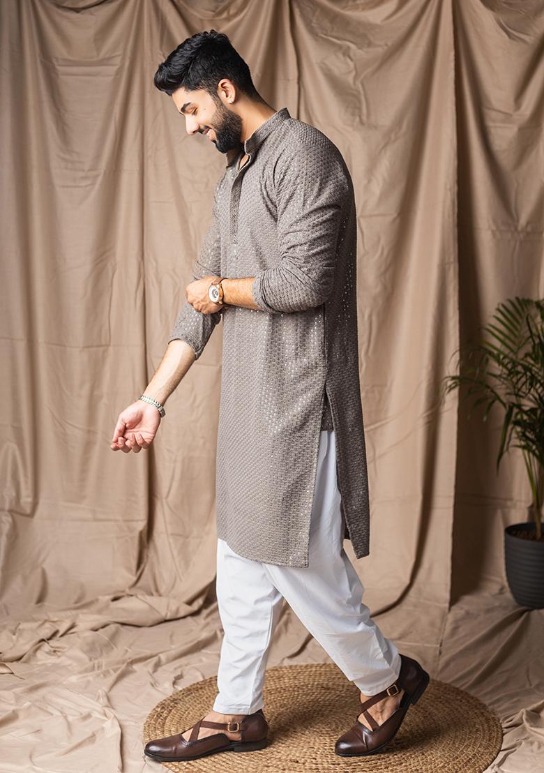 Grey Weaved Rayon Kurta For Men - Indya