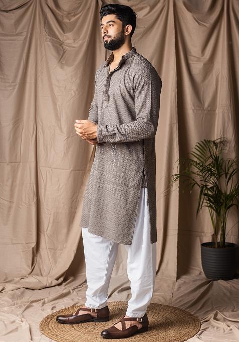 Grey Weaved Rayon Kurta For Men