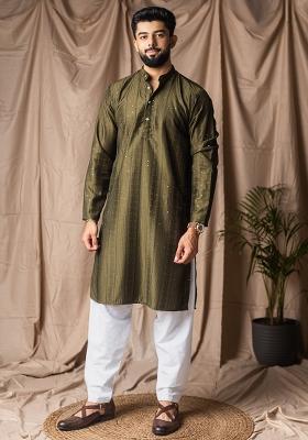 Mehandi Green Weaved Rayon Kurta For Men