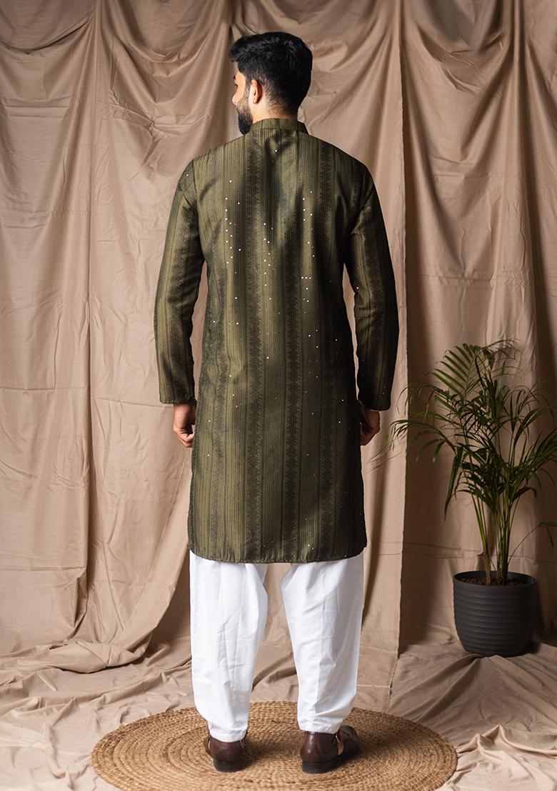 Mehandi Green Weaved Rayon Kurta For Men - Indya