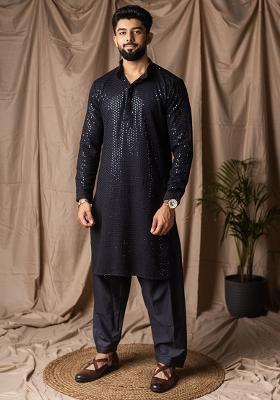 Black Weaved Rayon Kurta For Men