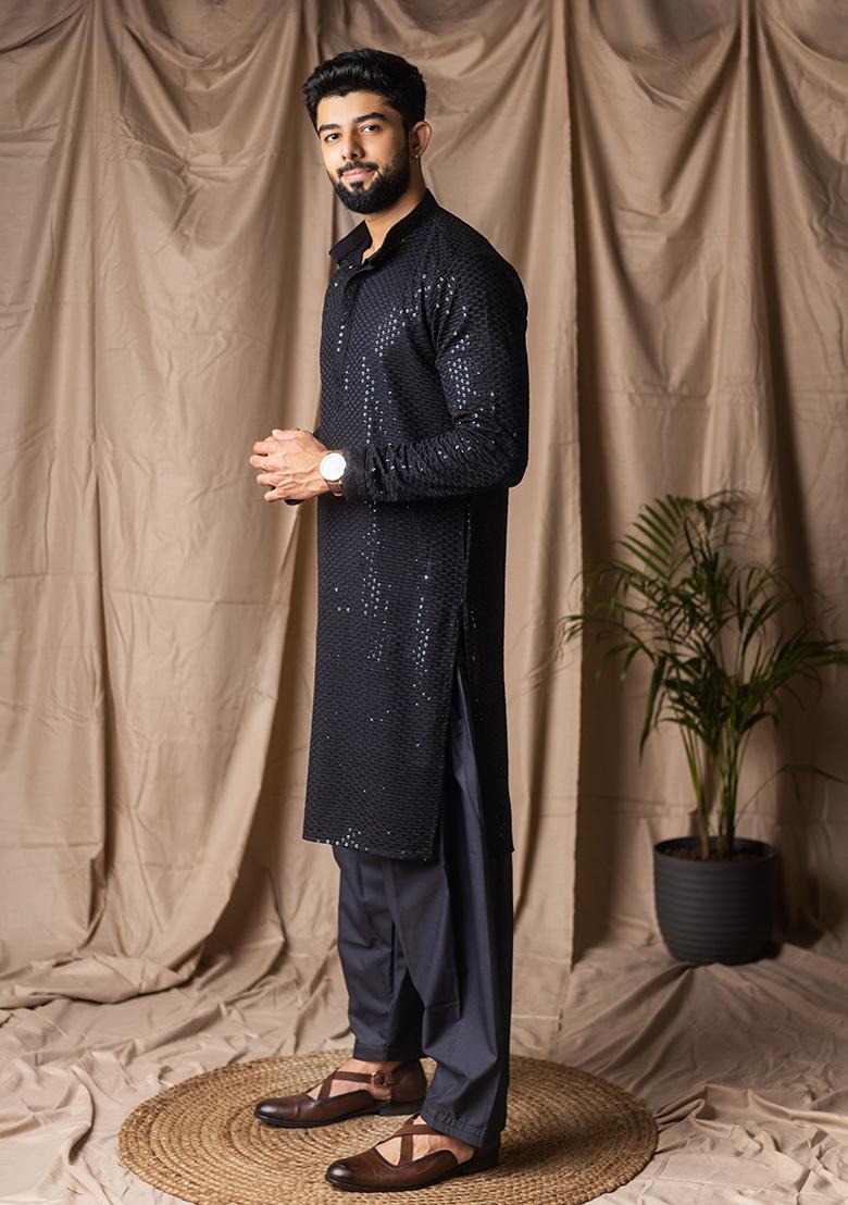Black Weaved Rayon Kurta For Men - Indya