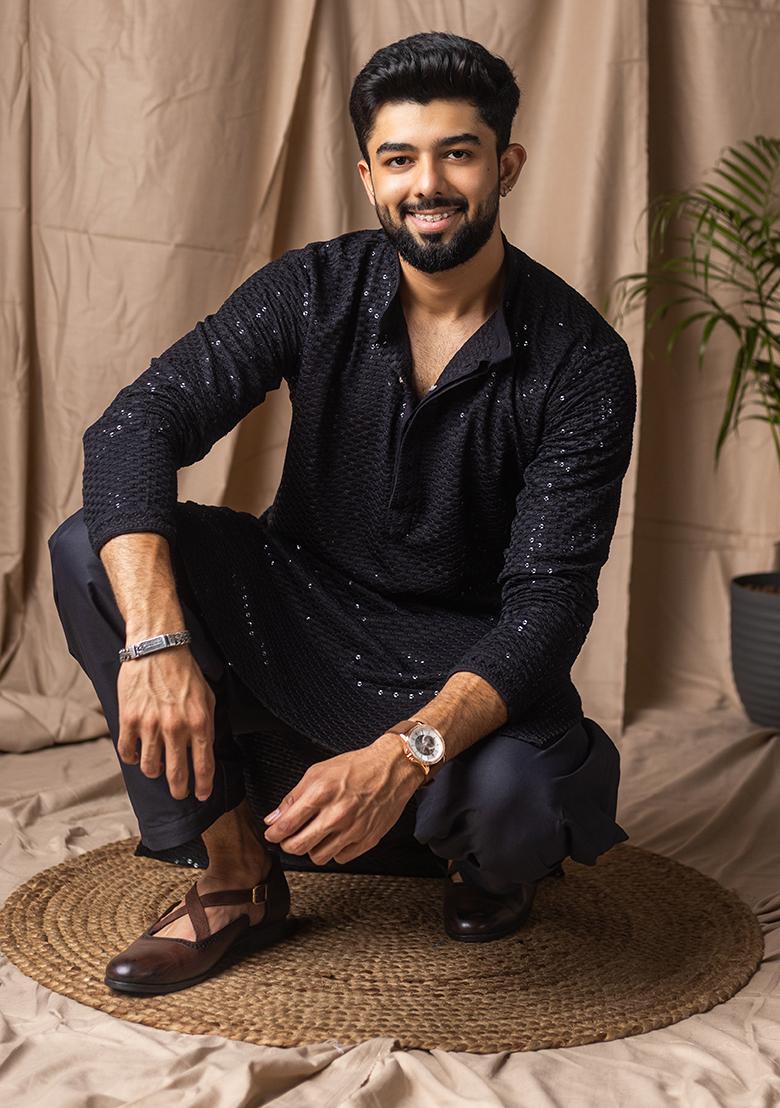 Black Weaved Rayon Kurta For Men - Indya