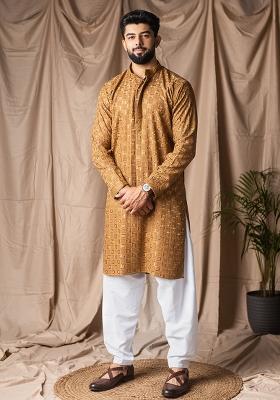 Occur Yellow Weaved Rayon Kurta For Men