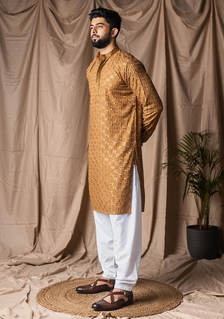 Occur Yellow Weaved Rayon Kurta For Men - Indya
