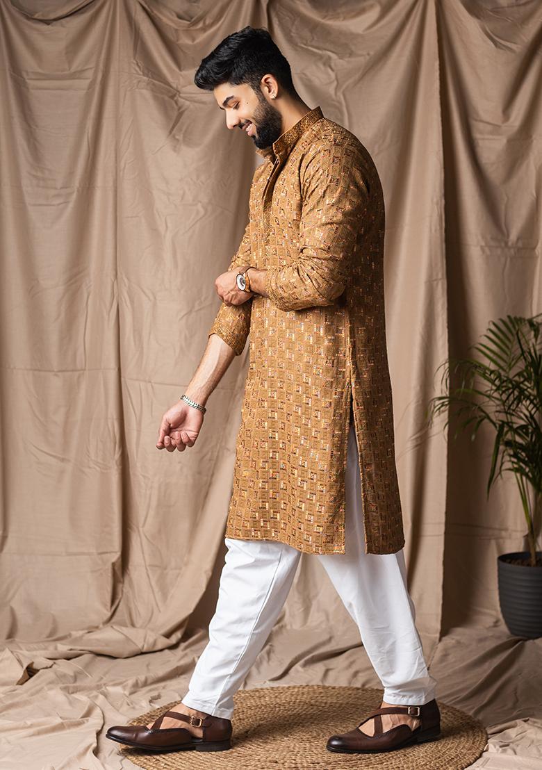 Occur Yellow Weaved Rayon Kurta For Men - Indya