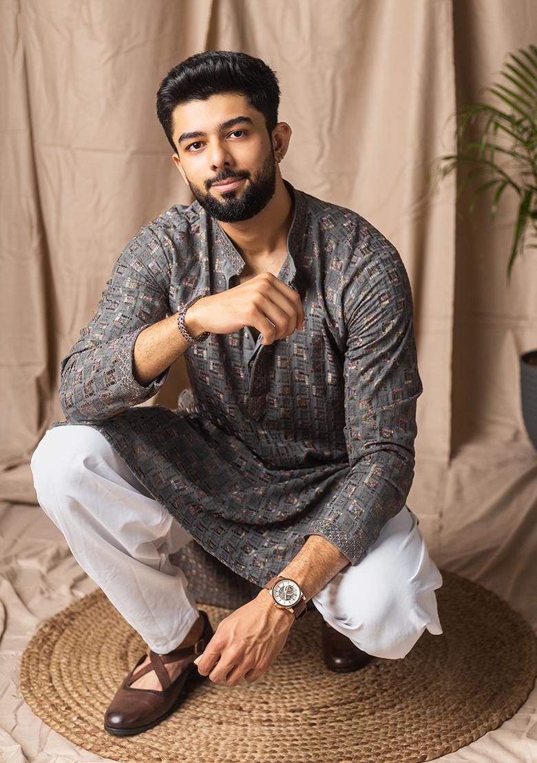 Grey Weaved Rayon Kurta For Men - Indya