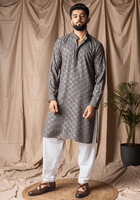 Grey Weaved Rayon Kurta For Men