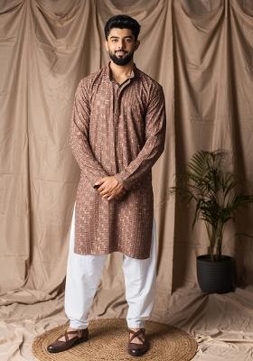 Brown Weaved Rayon Kurta For Men