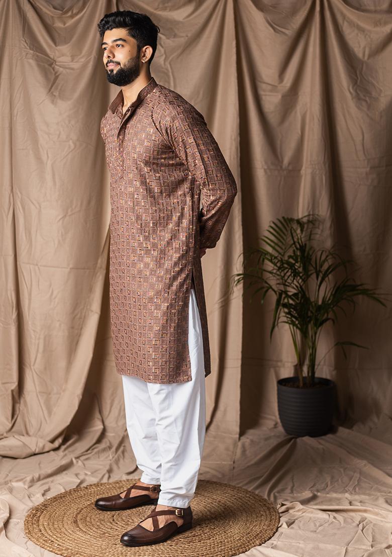 Brown Weaved Rayon Kurta For Men - Indya
