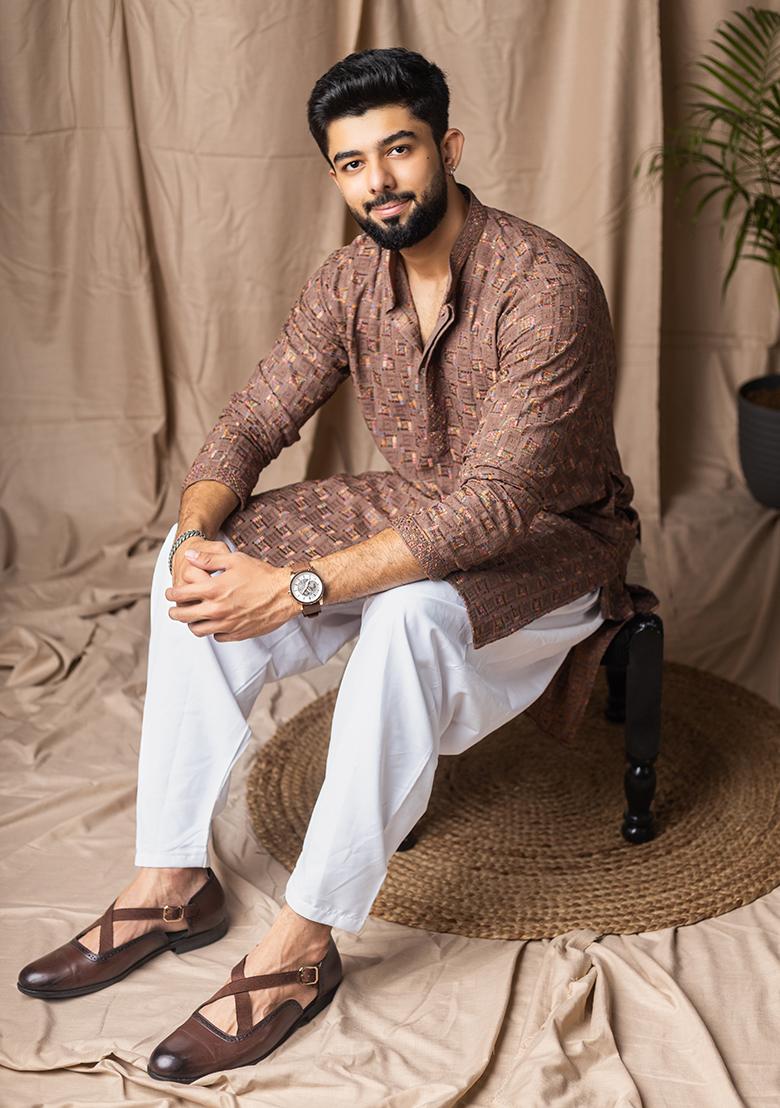 Brown Weaved Rayon Kurta For Men - Indya