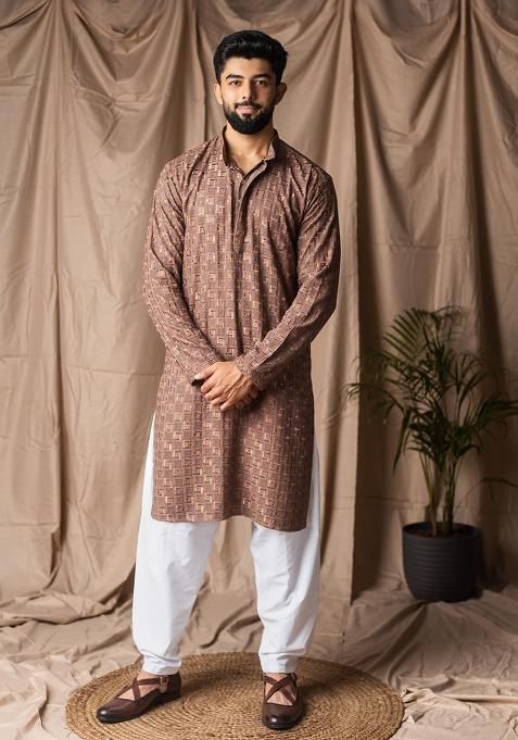 Brown Weaved Rayon Kurta For Men