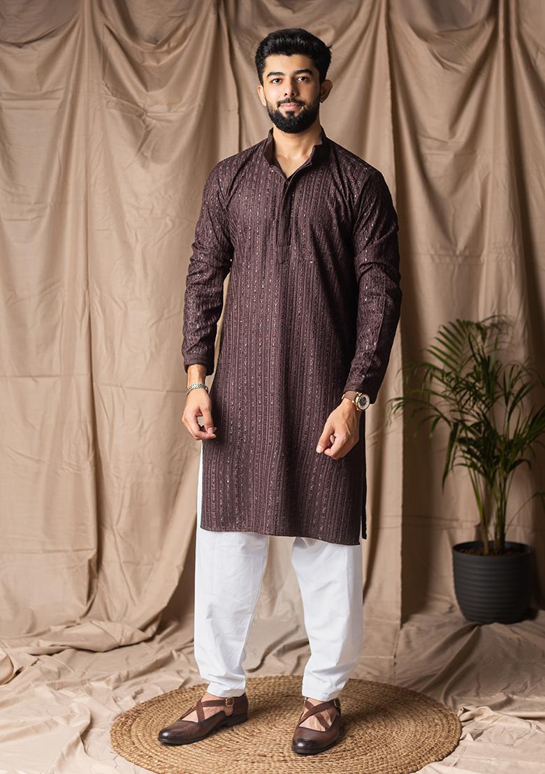 Dark Brown Weaved Rayon Kurta For Men