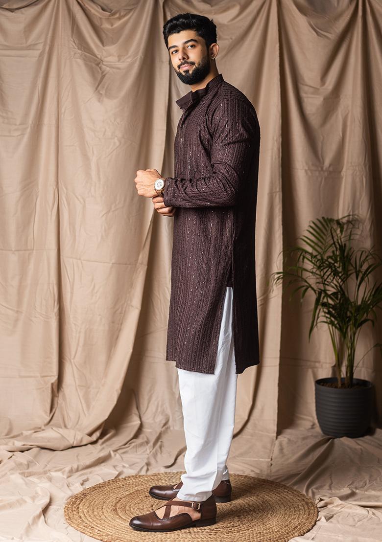 Dark Brown Weaved Rayon Kurta For Men