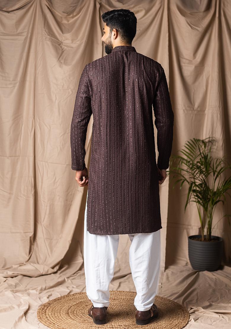Dark Brown Weaved Rayon Kurta For Men
