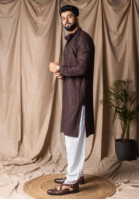 Dark Brown Weaved Rayon Kurta For Men