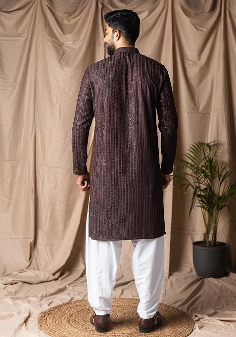 Dark Brown Weaved Rayon Kurta For Men
