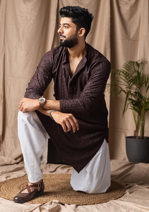 Dark Brown Weaved Rayon Kurta For Men