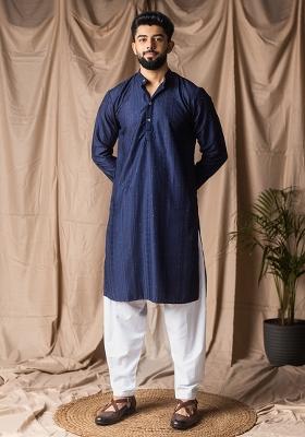 Navy Blue Weaved Rayon Kurta For Men