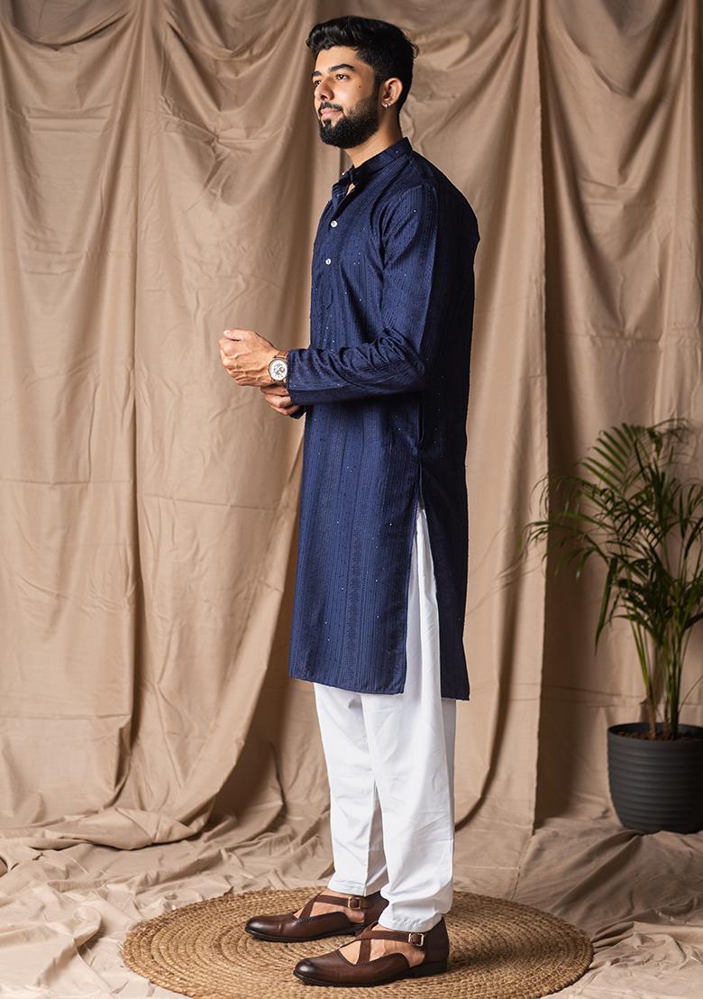 Navy Blue Weaved Rayon Kurta For Men - Indya