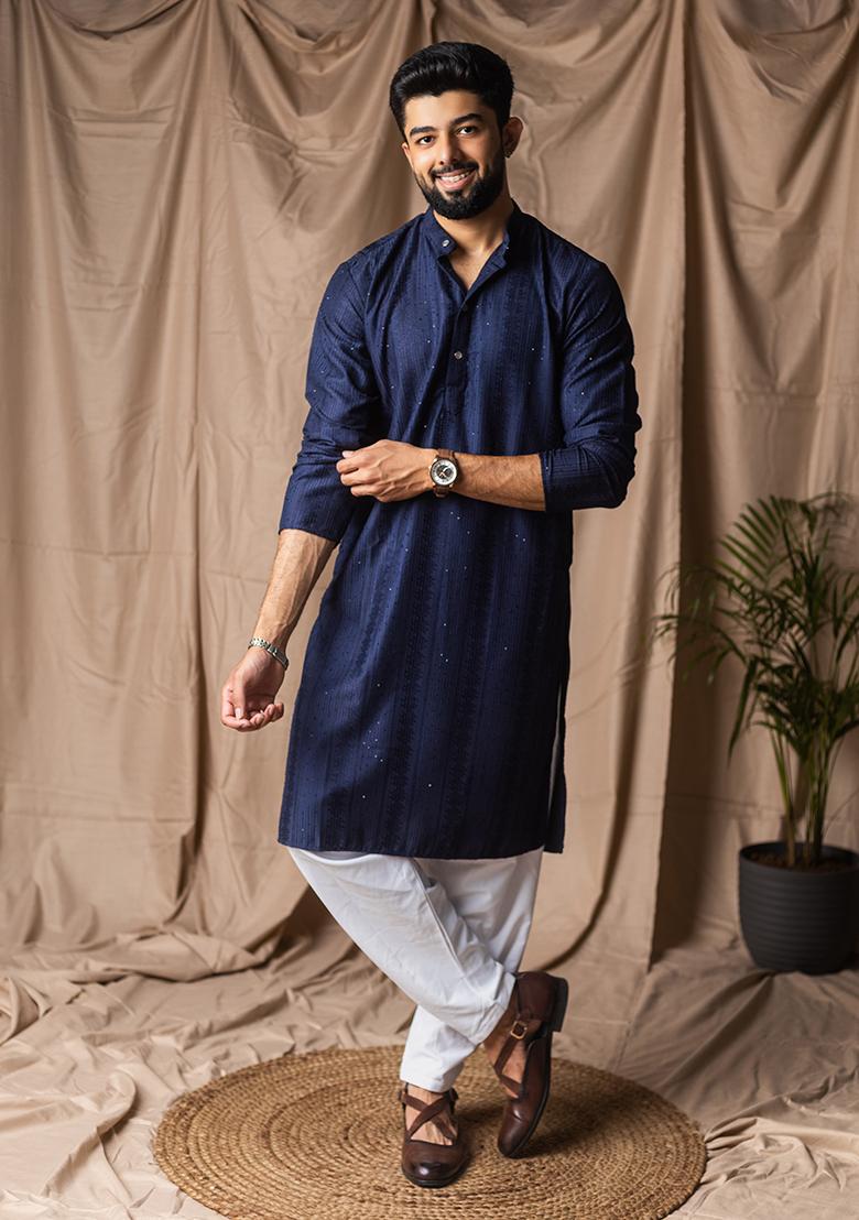 Navy Blue Weaved Rayon Kurta For Men - Indya