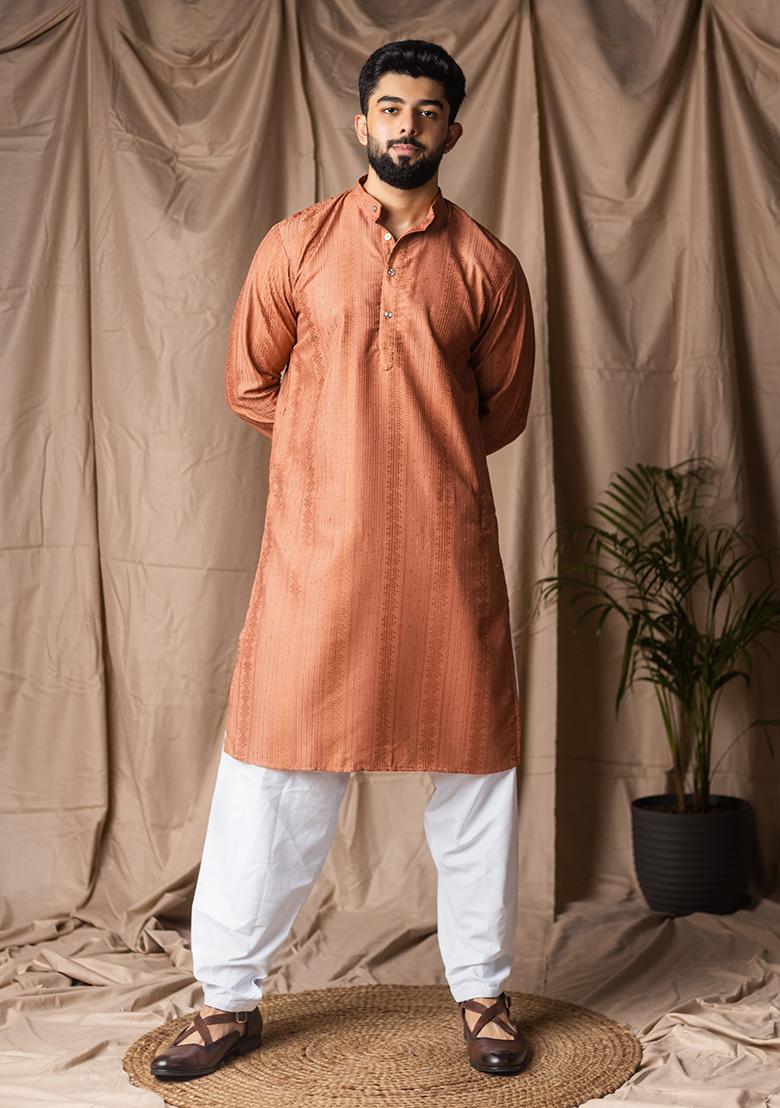 Reddish Orange Weaved Rayon Kurta For Men